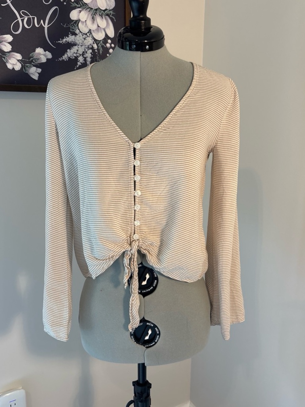 Sadie & Sage Cream Striped Button-Front Tie Crop Top